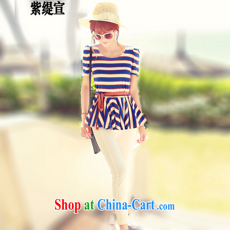First economy summer sun New Clear lady Korean version the code thick MM two-piece dress short-sleeved striped T shirt + 9 white long pants 8120 _5 XL 180 - 200 about Jack