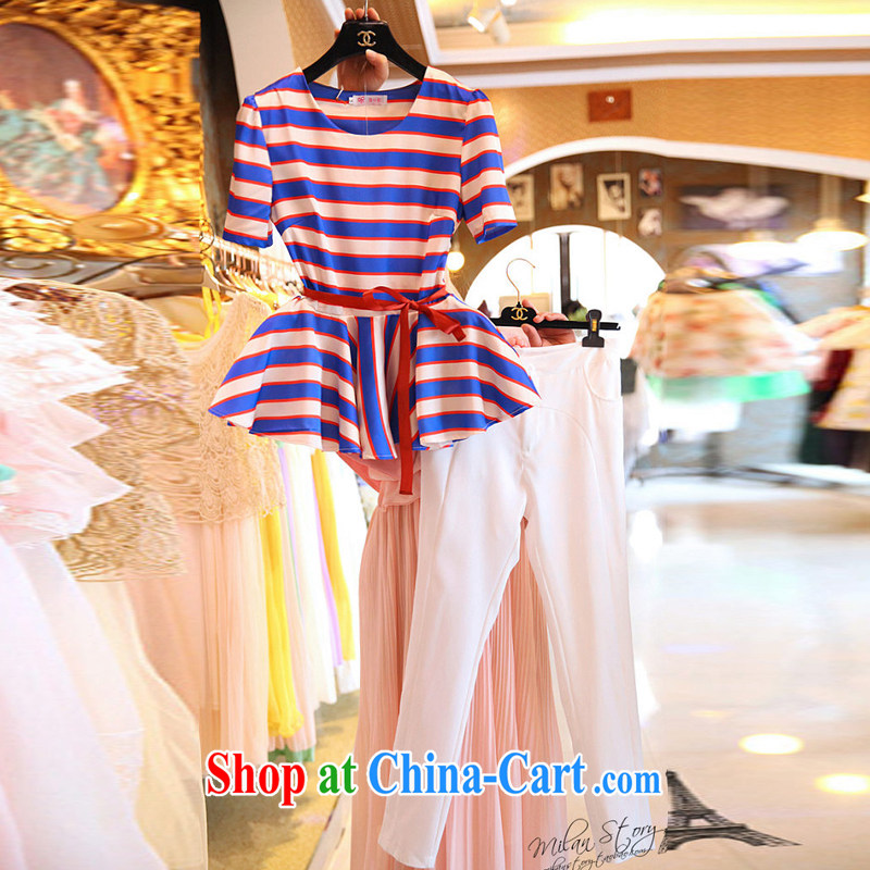 First economy summer sun New Clear lady Korean version of the greater code thick MM two-piece dress short-sleeved striped T shirt + 9 white long pants 8120 #5 XL 180 - 200 Jack left and right, and first long-sun, on-line shopping