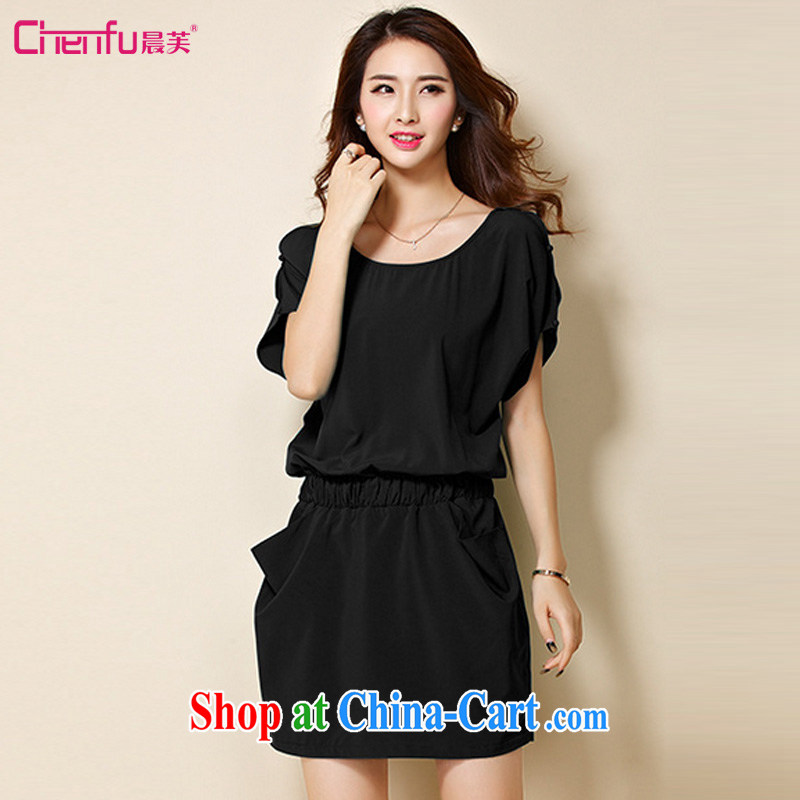 Morning would be 2015 summer new Korea and indeed XL women mm thick stylish graphics thin solid-colored snow-woven dresses with bat sleeves-waist dress black 4 XL