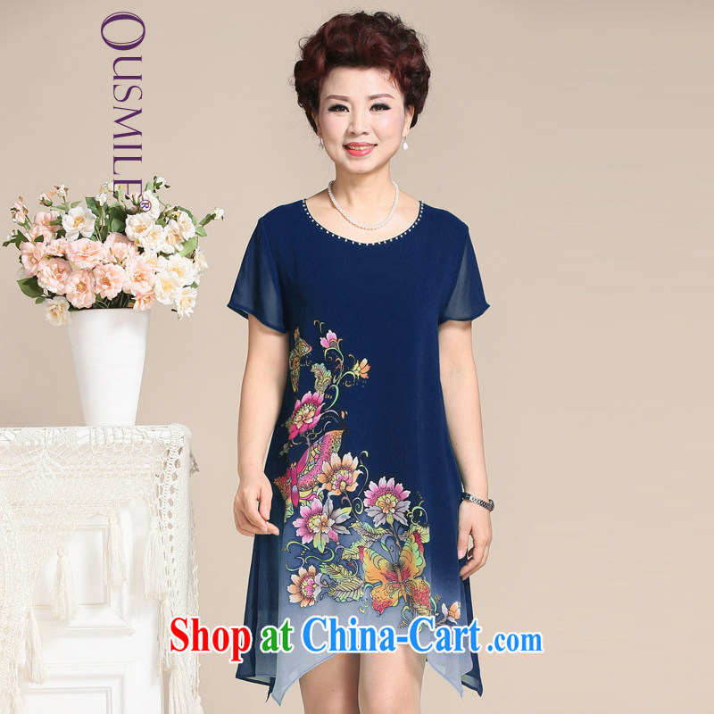 Ousmile summer 2015 new, old mother with stylish and elegant stamp with a solid color snow woven women dress the code 308 Tibetan blue XL