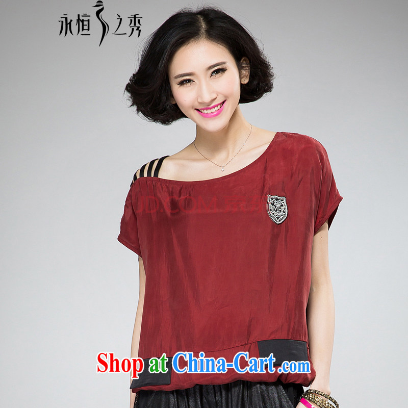 Eternal show the fat XL girls T-shirts 2015 summer thick mm thick, graphics thin new stylish sexy exposed shoulder badge short-sleeved loose T-shirt maroon XL