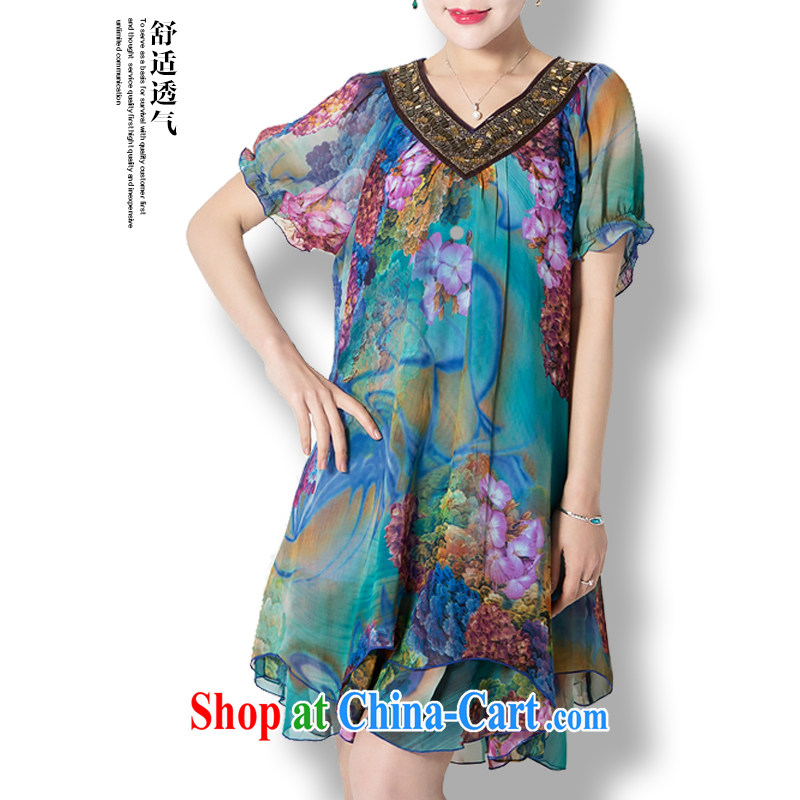 Summer 2015 the code dress dresses, older women summer stylish mom is relaxed the Code V short-sleeved dresses and indeed increase model Blue Green XXXXL