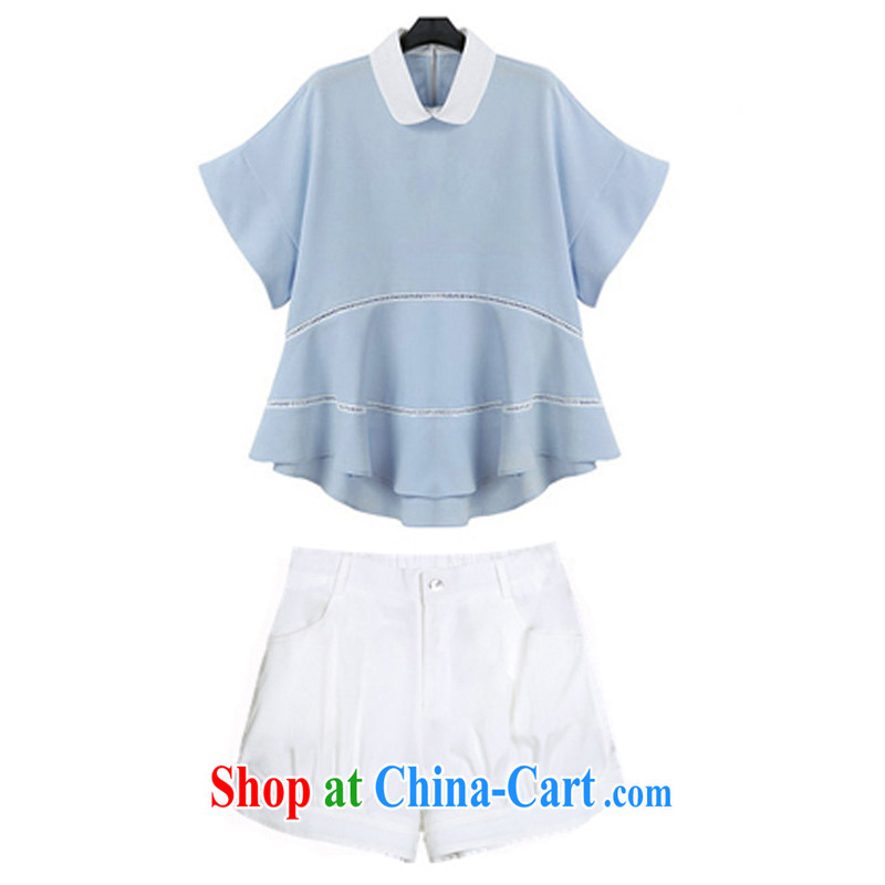 First economy summer sun in Europe and America, the doll collar short-sleeve two-piece dress loose T shirt T-shirt + pure cotton white short pants 1939/Blue + white shorts 3 XL 150 - 160 Jack left and right, and first economy Sun, shopping on the Internet