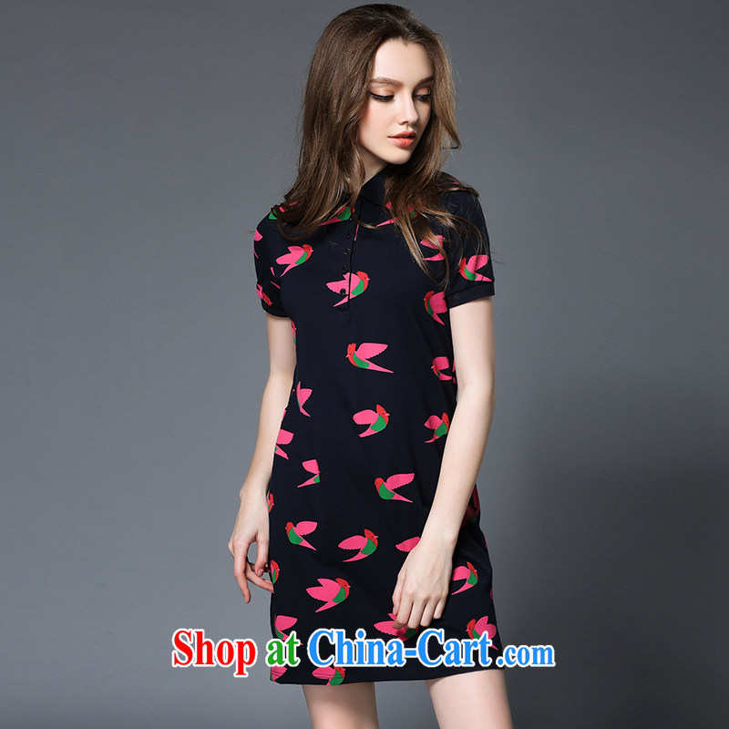 Population-hee , Anne XL women 2015 spring and summer new thick mm knocked color stamp stylish lapel cotton short-sleeved dresses 10,335 dark blue 2 XL, silk-hee , Connie, shopping on the Internet