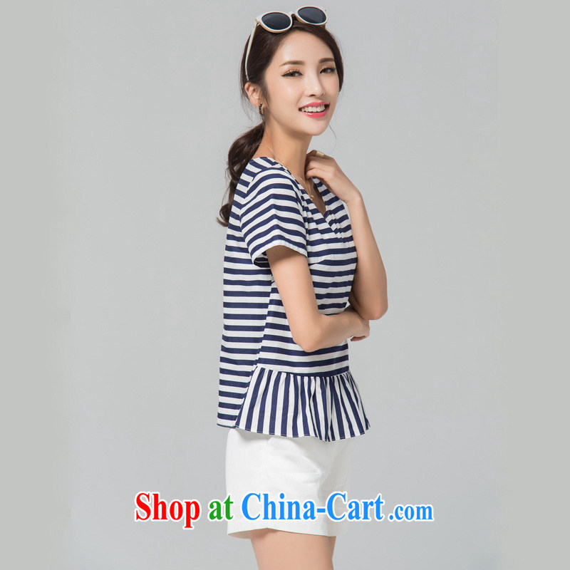 blue if the water maximum code female summer new thick MM solid T-shirt beauty T-shirt loose black streaks meat short-sleeved T shirt large blue code XXXXL