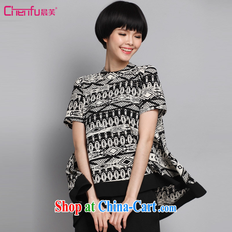 Morning would be the fat XL thick MM new summer 2015, Korean stylish retro hit color stamp very casual, for asymmetric snow woven shirts T shirt and black-and-white prints 5 XL _180 - 200 _ jack
