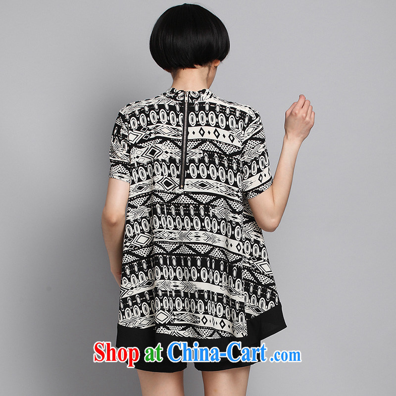 Morning would be the fat XL thick MM new summer 2015, Korean stylish retro hit color stamp very casual, for asymmetric snow woven shirts T shirt and black-and-white prints 5 XL (180 - 200 ) jack, early morning, and, online shopping