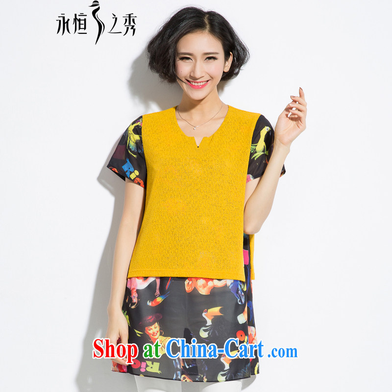 Eternal show Summer 2015 mm thick new Korean version the code knitted jacquard stitching snow woven stamp T shirt yellow 4 XL