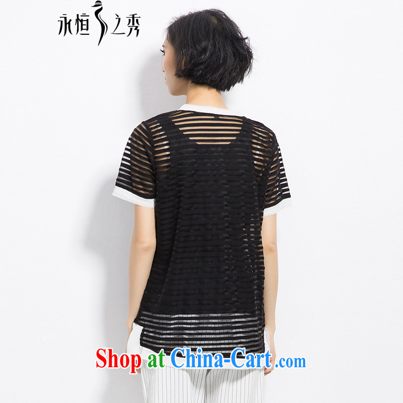 Summer 2015 mm thick new Europe and North America, the female streaks Openwork mesh map leisure short-sleeved T shirt black 2 XL, eternal, and the show, online shopping