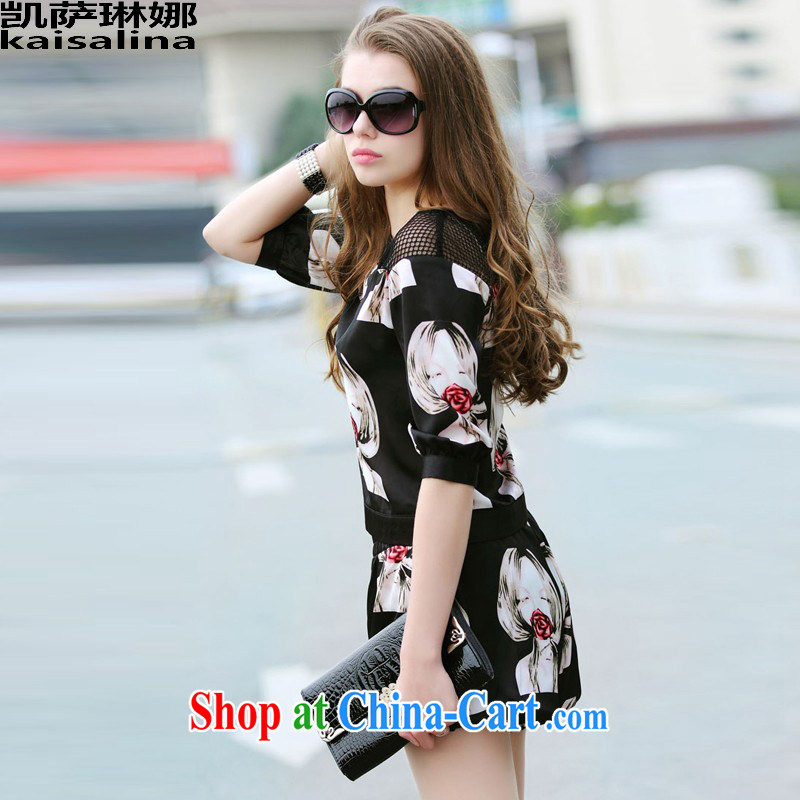 Catherine, summer 2015 new European and American wind thick mm larger female short-sleeve stamp T shirts shorts Kit female summer black XL, Catherine (kaisalna), shopping on the Internet