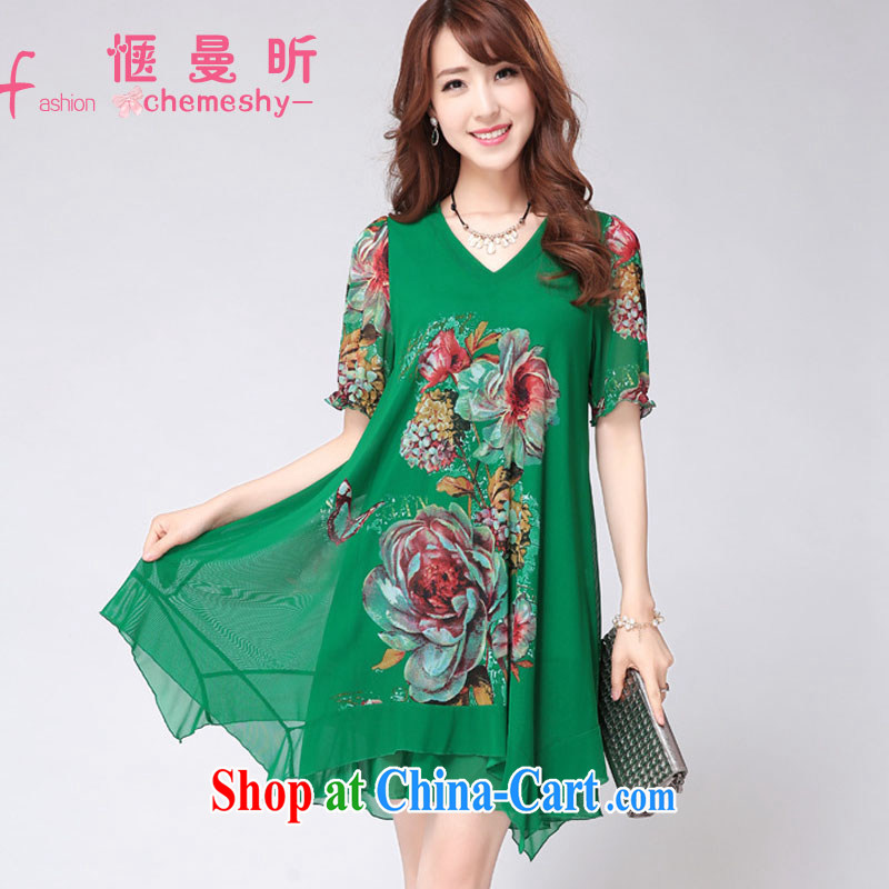Sit back and relax, the year older women 2015 summer new larger mother load snow woven short-sleeved ethnic wind stamp dresses female XXYL 7715 green 4 XL