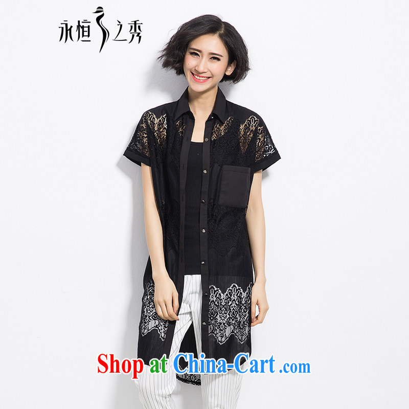 Eternal show 2015 summer mm thick new Korean version of the greater code female fashion only US Openwork lace 100 ground graphics thin shirt black 4 XL