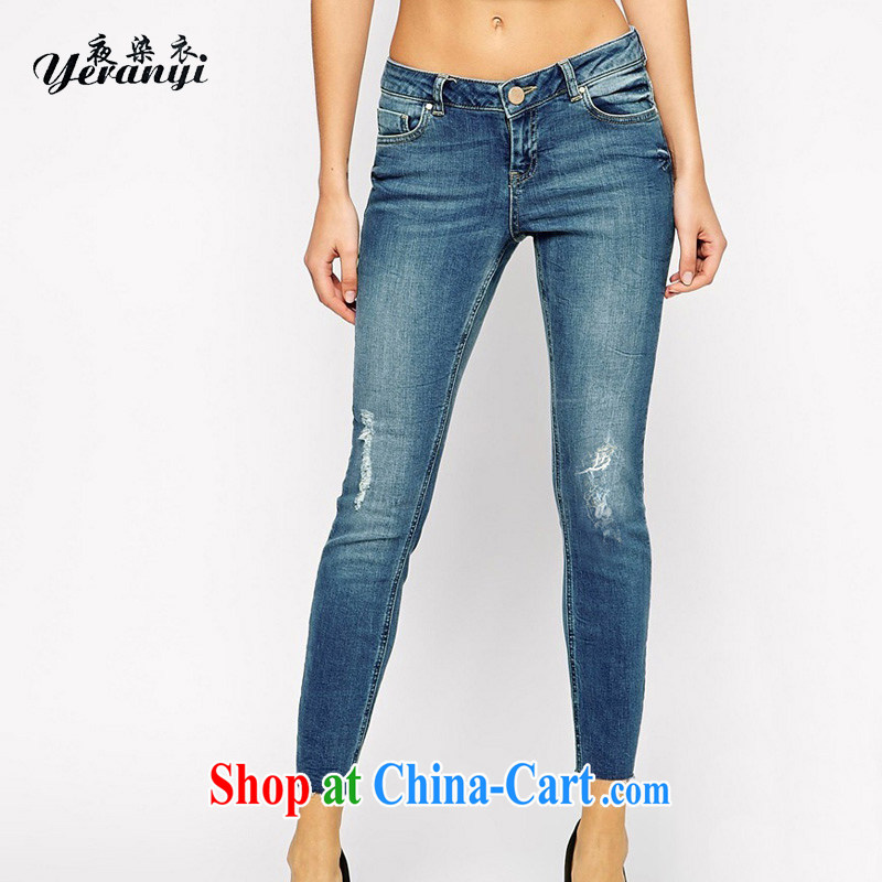 My dyeing clothing summer 2015 new Europe the Code women Jeans Fashion 9 pants hole element jeans dark blue 5 XL _170 - 185 _ jack