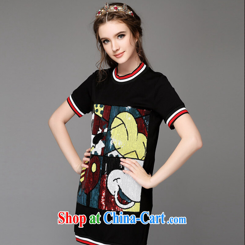 O'Neill would be an increase in Europe and America, women mm thick, long, cartoon pattern short-sleeved dresses summer 2015 new black XXL, facilitating access (AOFULI), shopping on the Internet