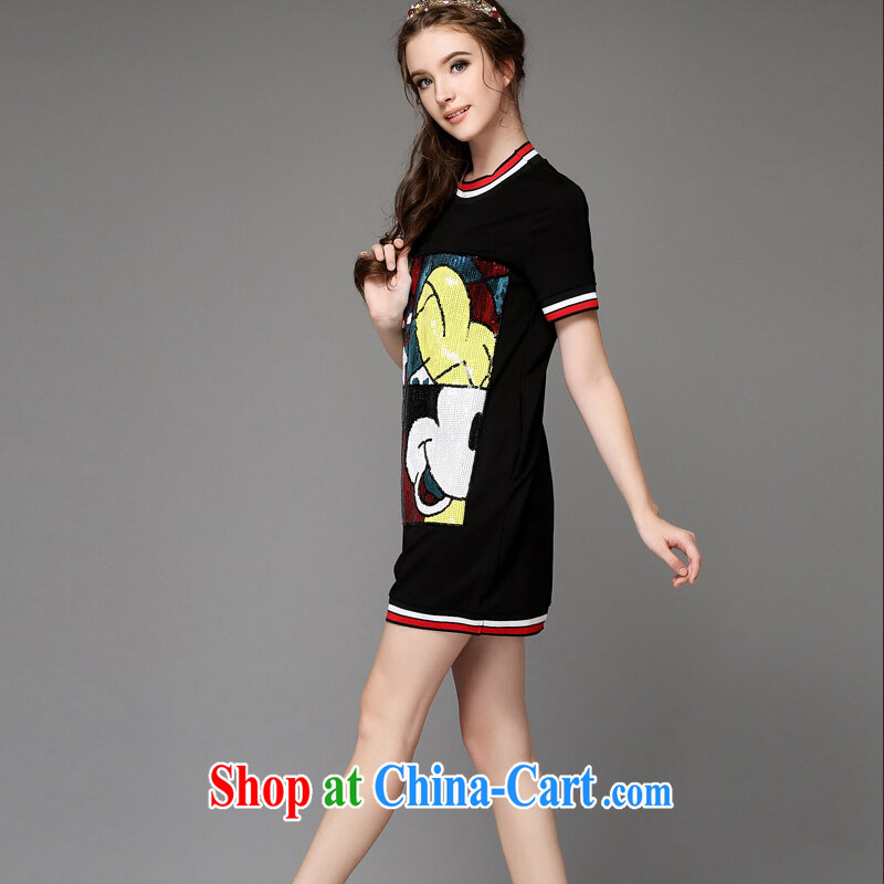 O'Neill would be an increase in Europe and America, women mm thick, long, cartoon pattern short-sleeved dresses summer 2015 new black XXL, facilitating access (AOFULI), shopping on the Internet
