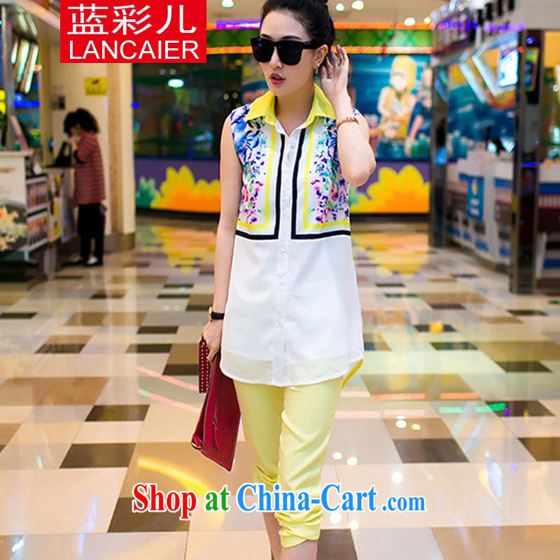 Blue colored Children's 2015 spring and summer new female small fragrant wind leisure stylish package female stamp snow woven shirts trouser press kit yellow XL