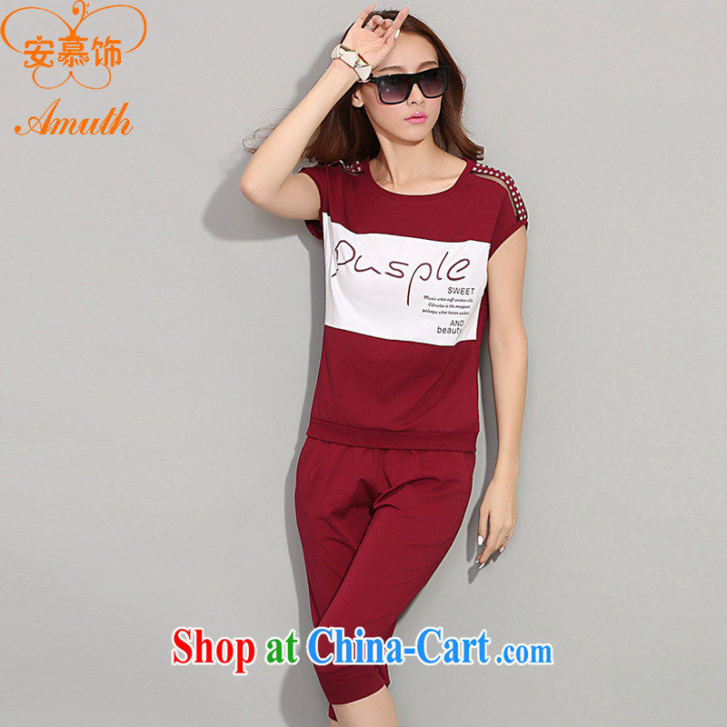 The cultural ornaments 2015 summer new short-sleeved Sport Kits female Leisure package hit color graphics thin round-collar larger female Kit female X 38 wine red XXXL, the ornaments, and shopping on the Internet