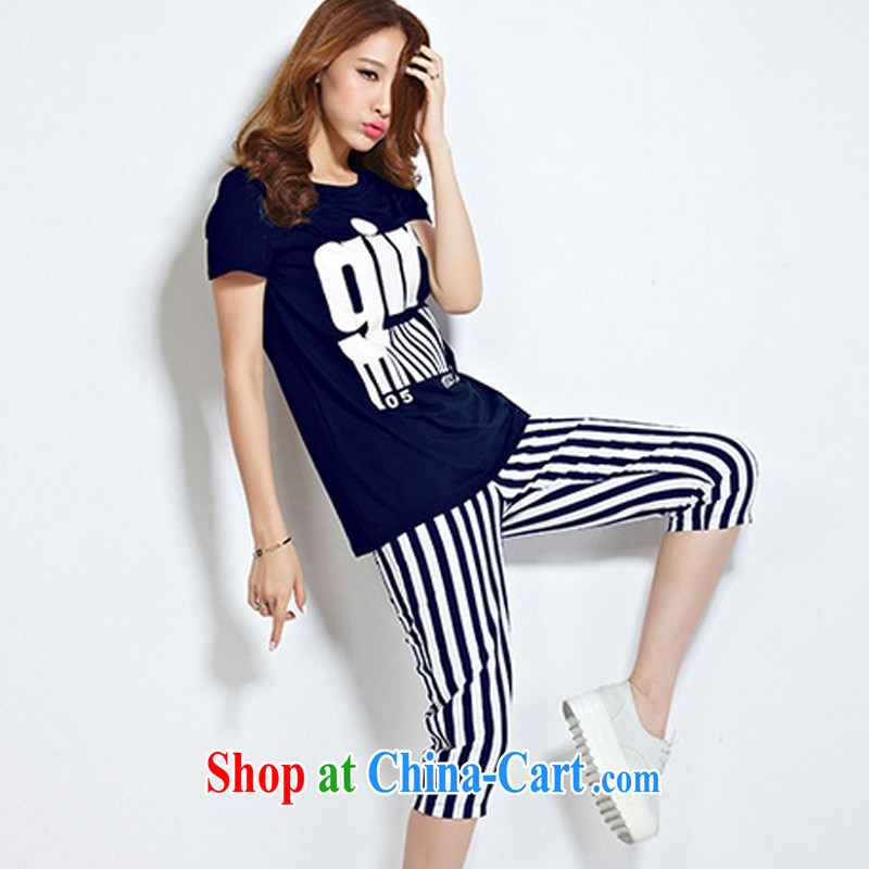 Morning would be 2015 mm thick summer new Korean Beauty graphics thin and thick XL stamp kit knocked-color letter stamp T shirt + striped pants Kit royal blue 5 XL, morning, and shopping on the Internet