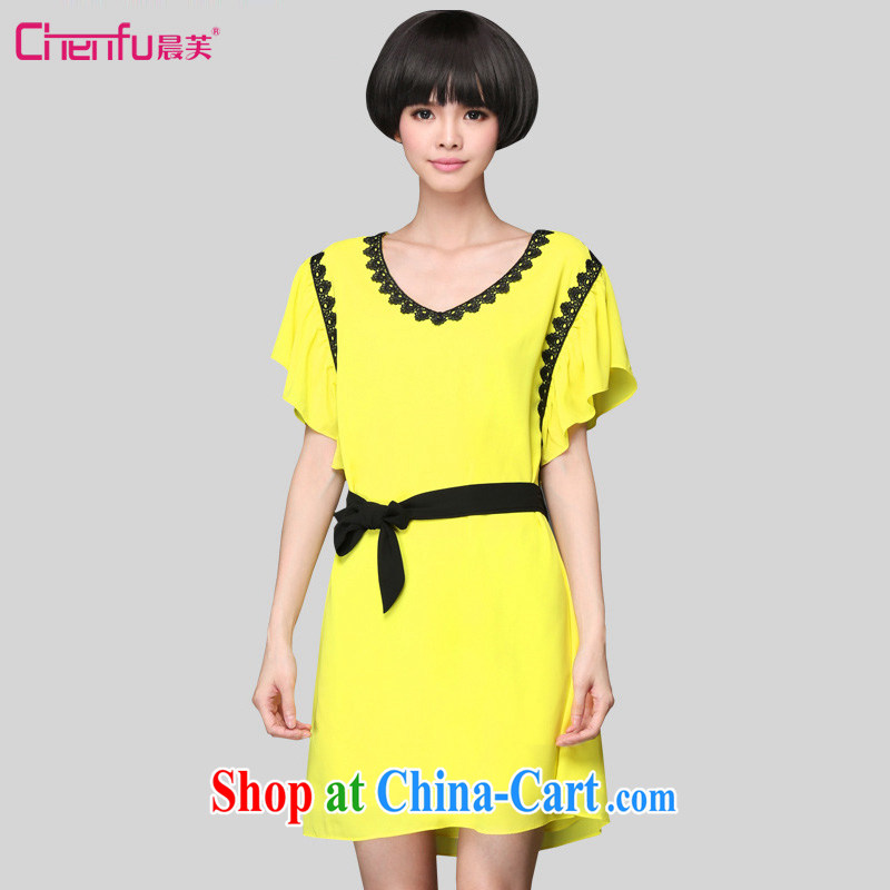 Morning would be 2015 and indeed increase, female summer New Style sweet knocked color lace lace V collar strap fly cuff mm thick snow woven dresses yellow 5 XL _recommendations 180 - 200 jack_