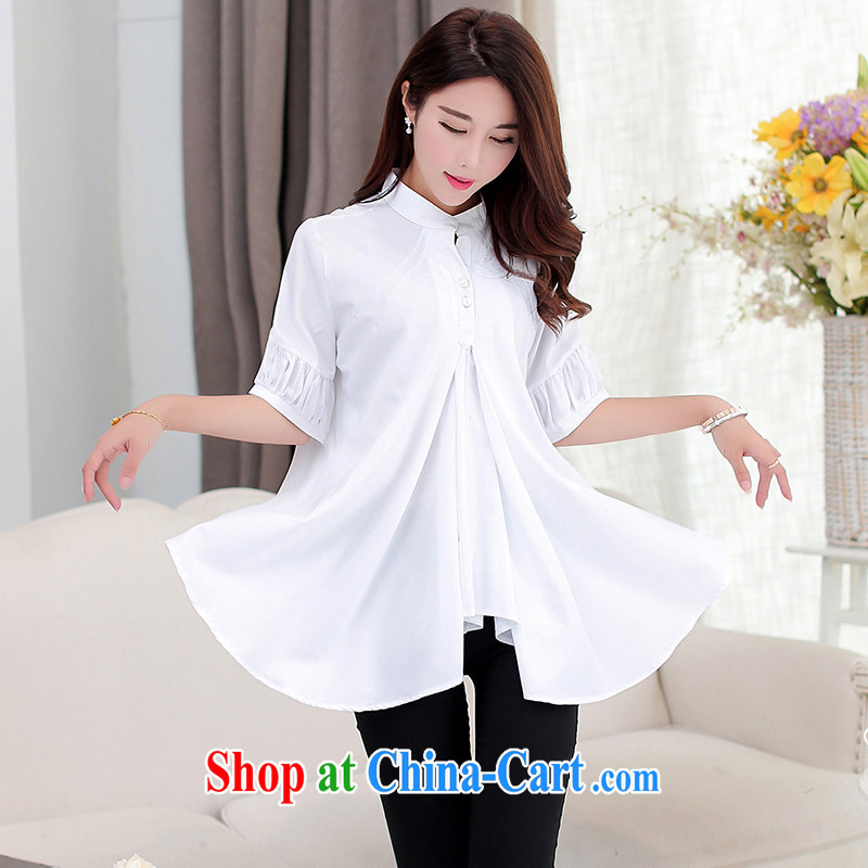 Morning would be 2015 summer new Korean version is indeed the XL female temperament 5 cuff video thin skirt is loose, long, V collar white shirt shirt summer pink 4 XL, morning, and shopping on the Internet