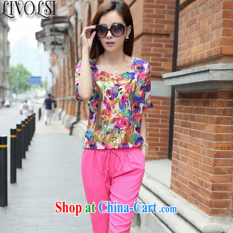 2015 Livolsi the fat XL thick mm two piece summer short-sleeved T-shirt Han version 7 loose pants Leisure package of red M