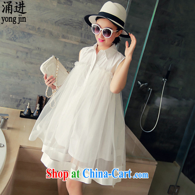 The 2015 summer new and indeed intensify edition women's clothing Dress Shirt collar Web yarn stitching sleeveless video thin 100 ground skirt 9036 white 3XL