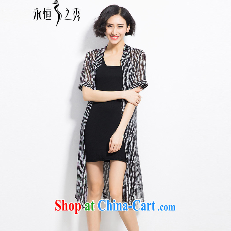 Eternal show 2015 summer mm thick new larger female stylish wavy snow woven stamp graphics thin short-sleeve shirt black-and-white striped color 2 XL