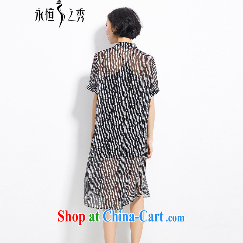 Eternal show 2015 summer mm thick new, larger female and stylish wavy snow woven stamp graphics thin short sleeved T-shirt black-and-white striped color 2 XL, eternal, and the show, and on-line shopping