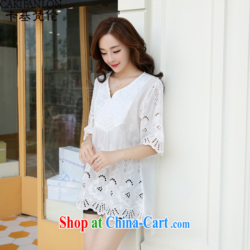 The base Van Gogh, larger women summer 2015 new embroidery larger female and indeed increase T-shirt loose video thin summer T-shirt thick mm dress cotton short-sleeved white XL