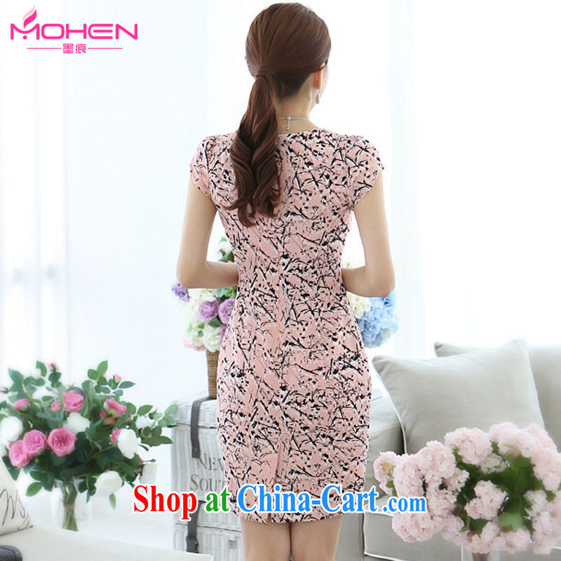 Ink marks summer new Korean high atmospheric stamp occupational OL dresses beauty graphics thin round-collar short-sleeve hit color stamp dress 7060 pink S, ink marks, and shopping on the Internet