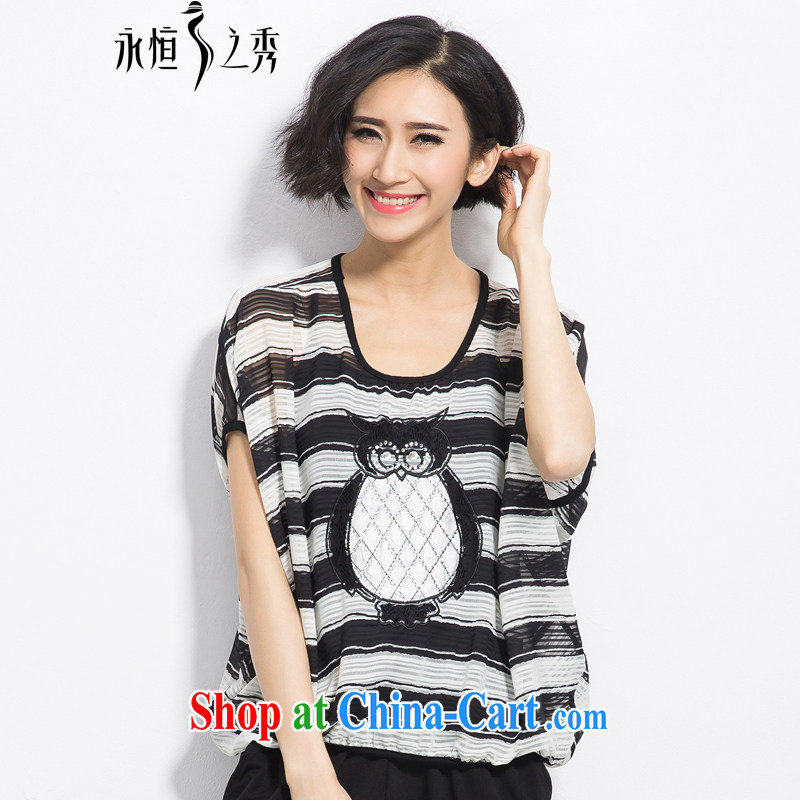 Eternal show Summer 2015 mm thick new Korean version the Code women stylish black-and-white striped owl stamp bat sleeves shirt T black 3 XL
