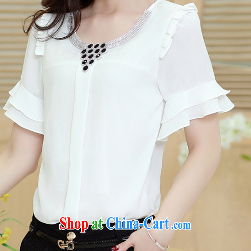 The people lane 2015 summer new Korean version loose video thin stitching horn cuff round-collar short-sleeve large, female snow woven shirts women 8023 white XXL, who alley (She Xiang), online shopping