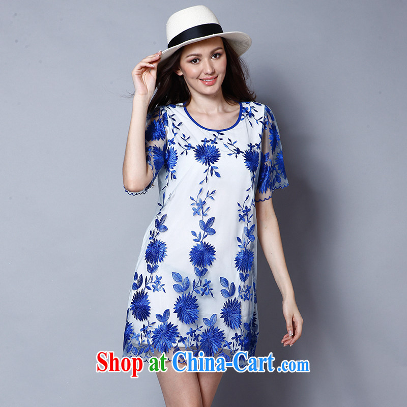 Connie's dream 2015 new Europe and North America, the ladies summer is the increased emphasis on MM elegant embroidered loose video thin short-sleeved dresses J 8123 blue XXXXL, Connie dreams, shopping on the Internet
