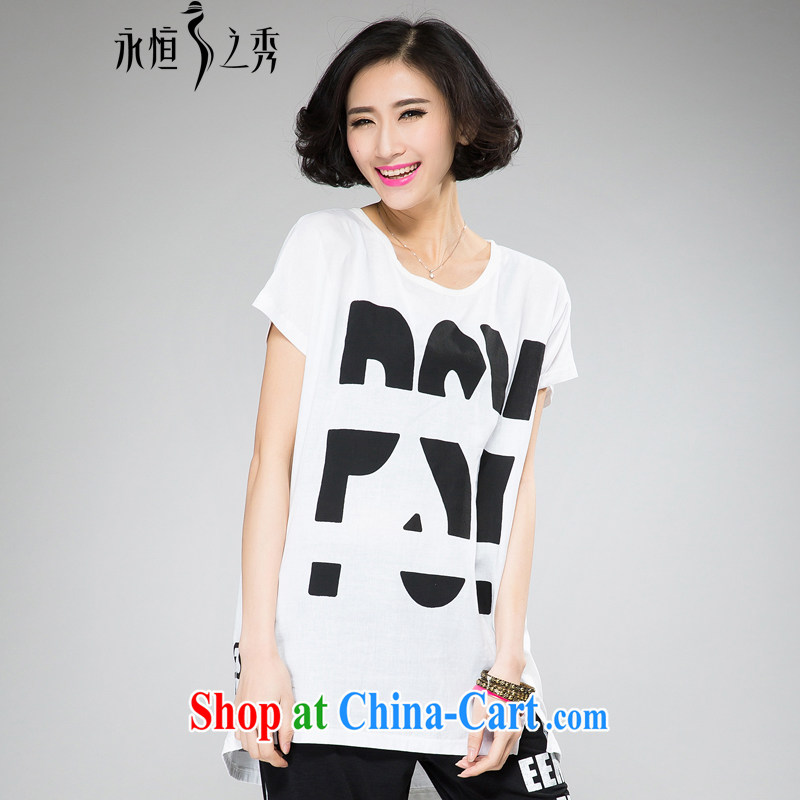 Eternal show 2015 summer mm thick new Korean version of the greater code female trend personalized letter stamp graphics thin T-shirt white 3XL