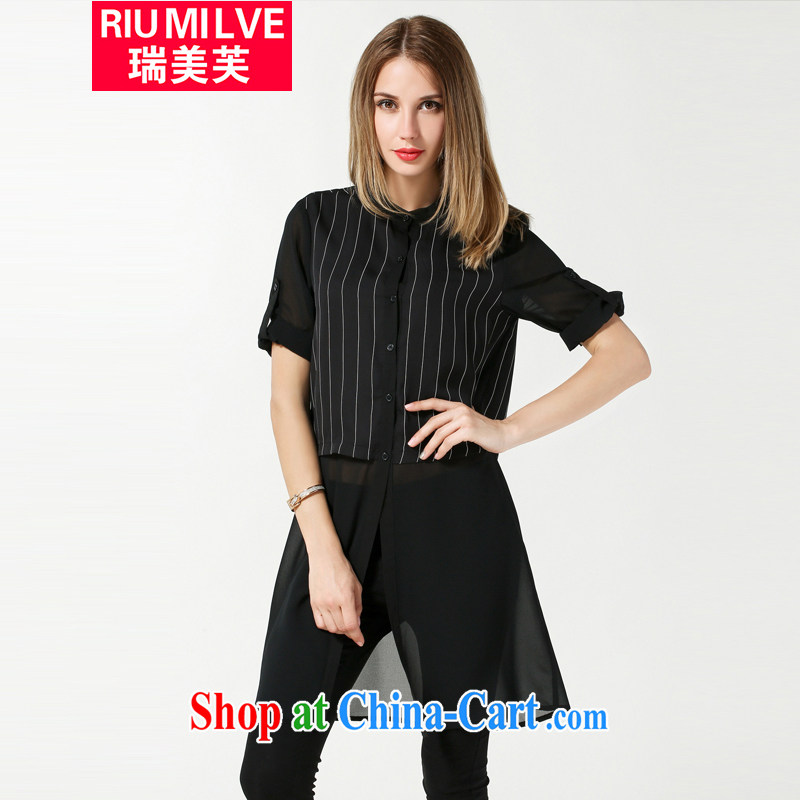 Ryan and the United States concluded the Code women mm thick beauty summer 2015 new loose video thin stripes stitching snow woven shirts, long female T-shirt N 3629 black XXXL