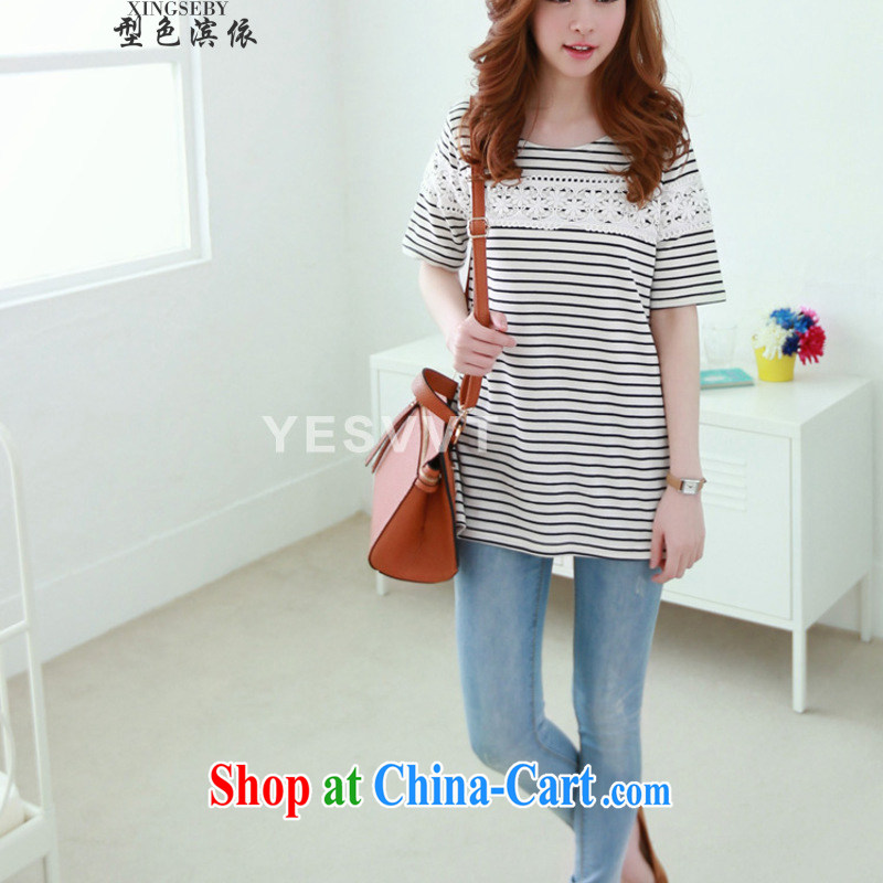 color transition in accordance with riverside . .2,015 summer short-sleeve girls T-shirts larger stripes lace cotton solid T-shirt, long, Korea, loose T-shirt black-and-white stripes larger XXXXL