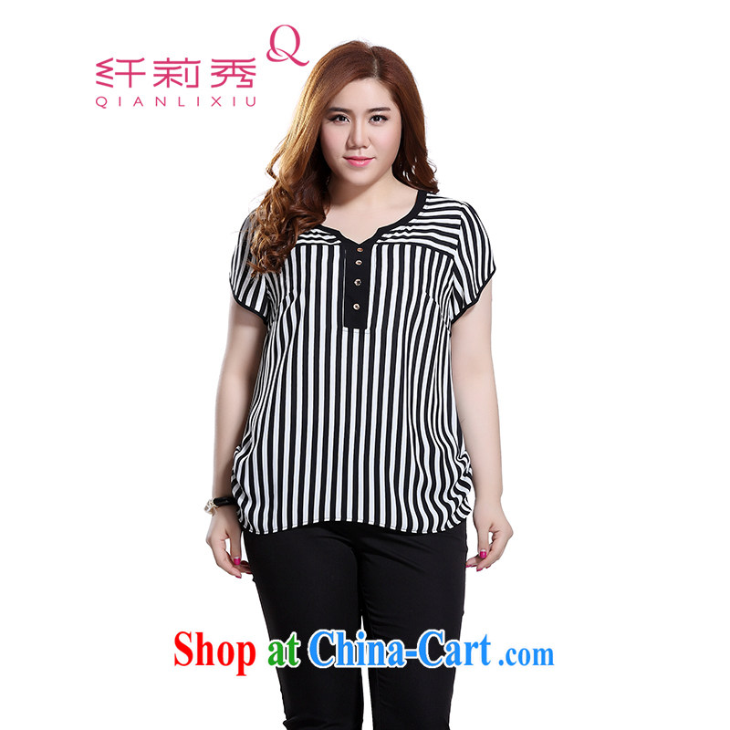 Slim LI Sau 2015 summer new, larger female knocked color small V collar graphics thin stripes on the side hem revitalization, with a short-sleeved micro and snow-woven shirts T-shirt Q 8321 black 3 XL