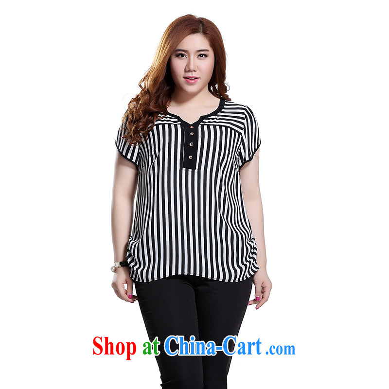 Slim LI Sau 2015 summer new, larger female knocked color small V collar graphics thin stripes on the side hem revitalization, with a short-sleeved micro and snow-woven shirts T-shirt Q 8321 black 3 XL, slim Li-su, and the online shopping