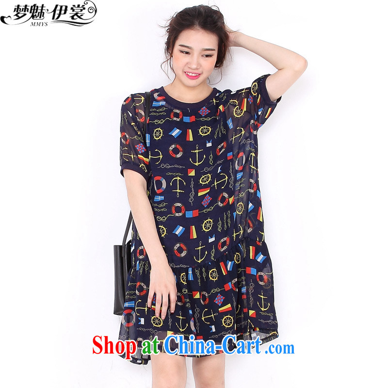 Director of the Advisory Committee on summer new European site larger female personalized stamp short-sleeved snow woven shirts flouncing dresses fluoroscopy with thick M blue _single layer_ loose all code