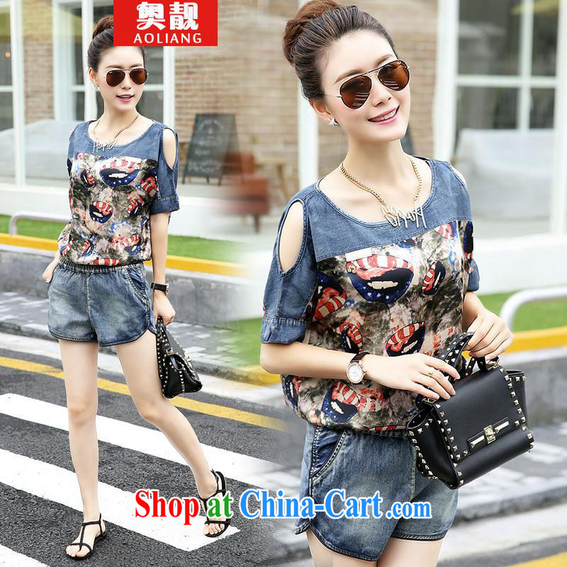 Mr. beautiful stylish package girls summer Korean Version Stamp snow T woven shirts denim shorts two-piece nozzle-shaped pattern M, beautiful (AOLIANG), and, on-line shopping