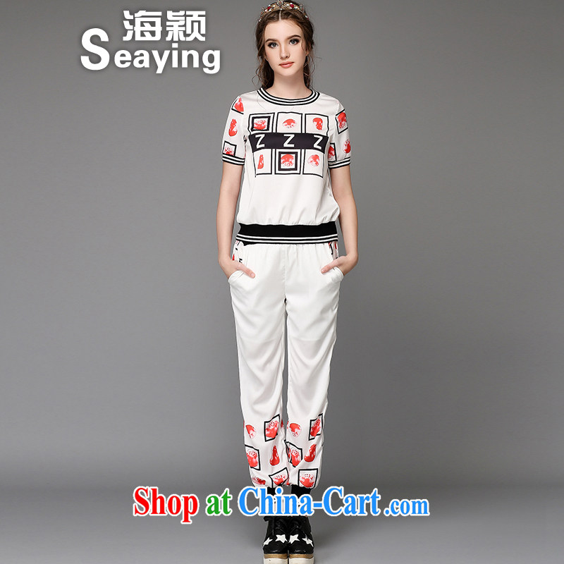 Hai Ying 2015 summer larger female Two-piece knocked color Elastic waist 9 pants letter stamp T pension Leisure package female A 731 white L, sea-ying (seaying), online shopping