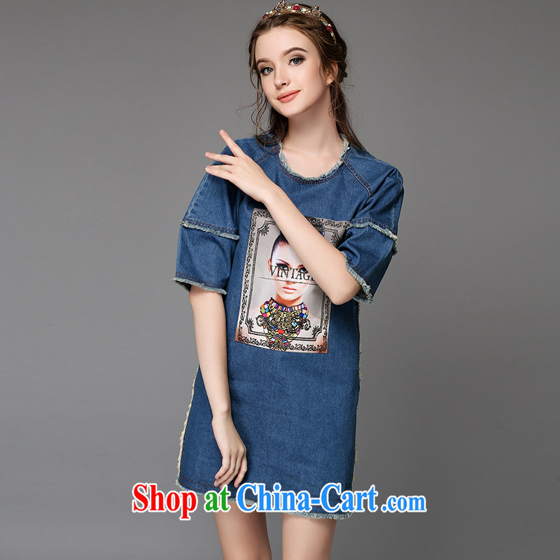 The Connie was a high-end European and American 2015 new, larger female summer is the increased emphasis on MM temperament stamp denim dress cuff in graphics thin dresses G 753 blue XL, Connie dreams, online shopping