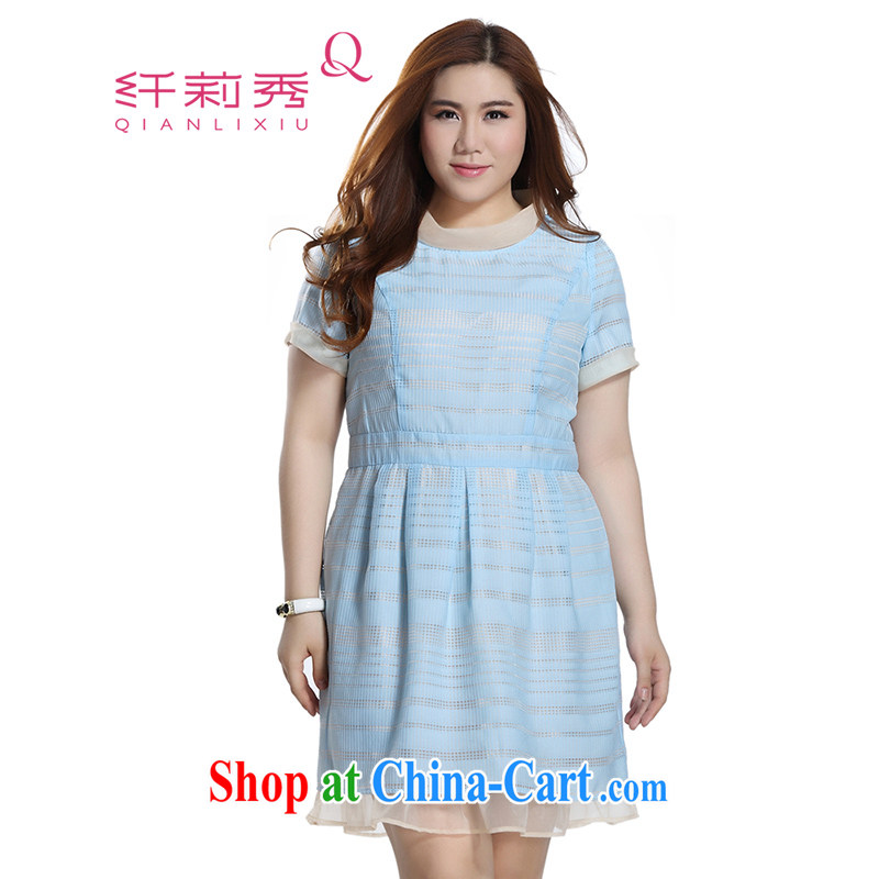Slim LI Sau 2015 summer new, larger female European root yarn, turn the collar short-sleeved elegant graphics thin dresses Q 7861 light blue 2 XL