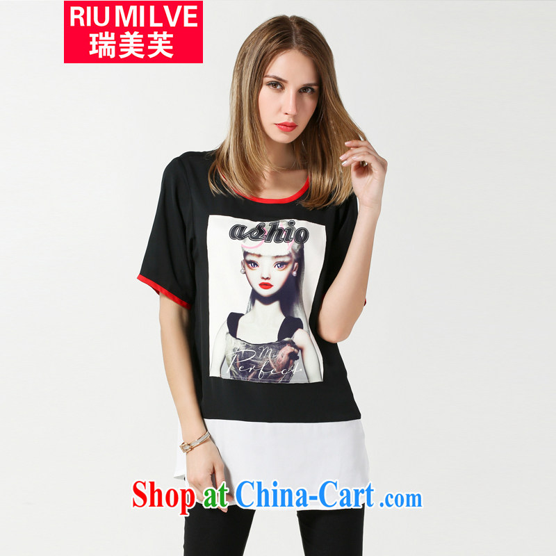 Ryan and the United States concluded the fat XL female 2015 summer new thick mm loose video thin stitching knocked printed T-shirts for women T-shirt N 3620 black XXXL
