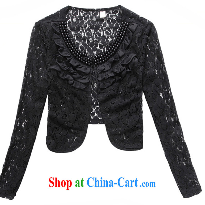 Land is still the Yi 2015 spring and summer new sweet Openwork lace large code female thick MM 100 ground jacket flouncing nails Pearl long-sleeved cardigan sunscreen shawl black 4XL, land is still the garment, and shopping on the Internet