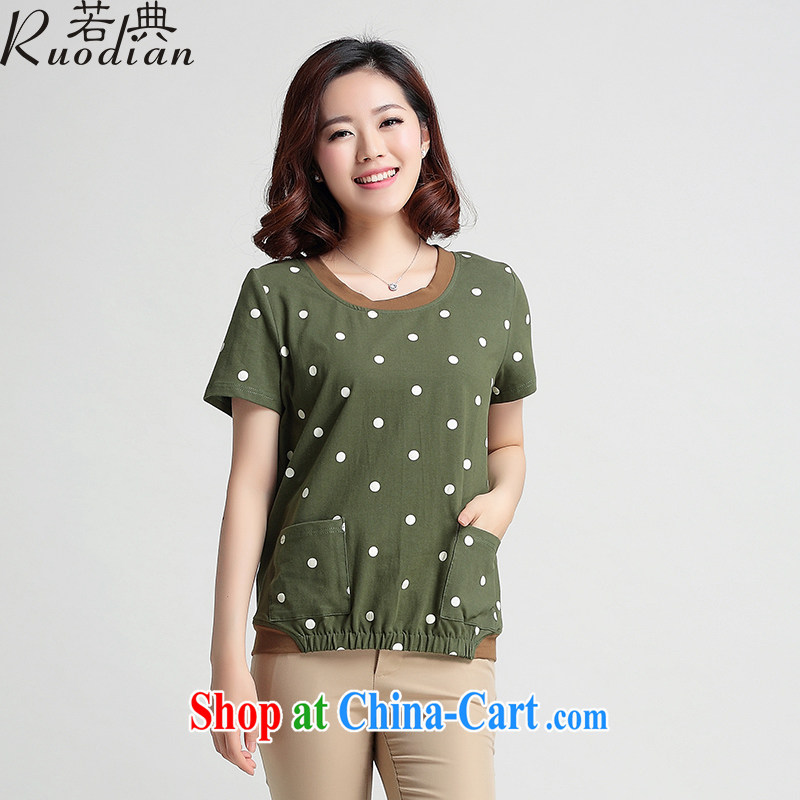 If code middle-aged and older female summer T shirt MOM short-sleeved round-collar short-sleeve middle-aged female larger dot T-shirt green 3XL