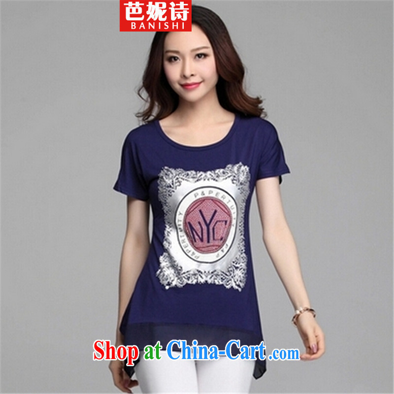 Barbara Anne poetry 201,500 stamp duty ground T shirt graphics thin Korean loose the code round-neck collar solid shirt female short-sleeved dark blue _letter_ XXL