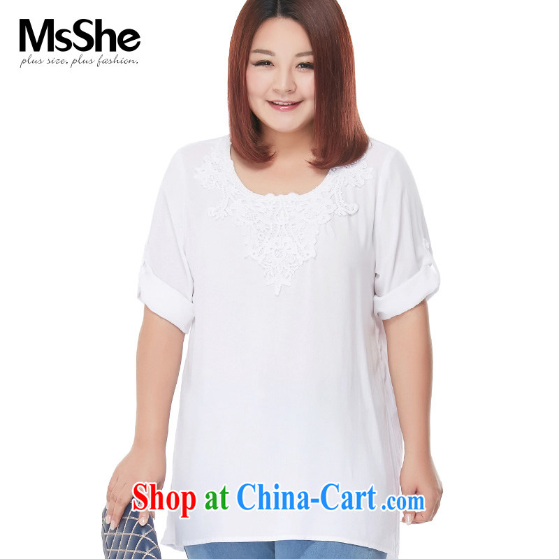 MSSHE XL girls 2015 new summer round-collar lace stitching plain white shirt 4500 white 2XL