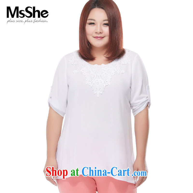 MSSHE XL girls 2015 new summer round-collar lace stitching plain white shirt 4500 white 2XL, Msshe, shopping on the Internet