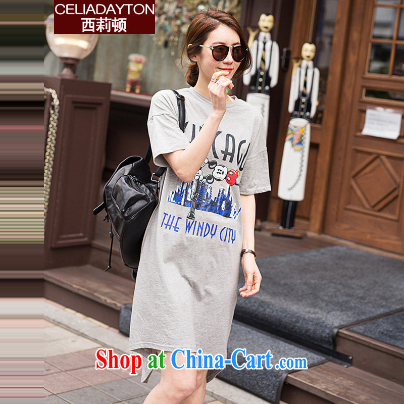 Szili and Macedonia is indeed XL girls 2015 new thick mm sister summer wear loose short-sleeve cotton sweater dresses 200 Jack leisure the forklift truck long skirts gray XXXL